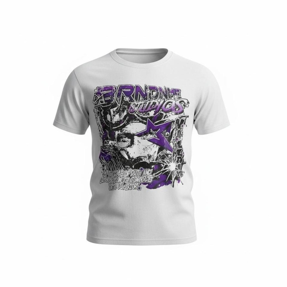 White & purple graphic tee with a bold design